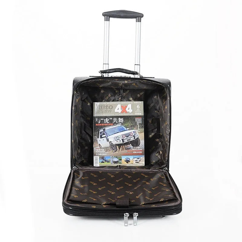 Black 18-inch PU leather business case with airplane wheels and lockable zipper