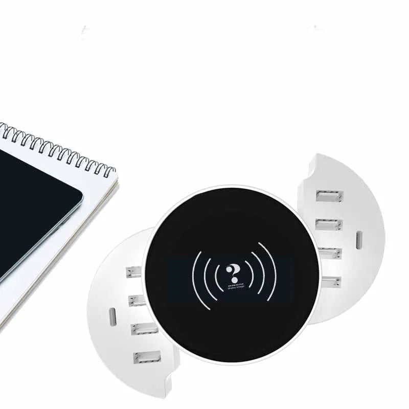 Ceramic white circular wireless charger with USB port for smart phone charging