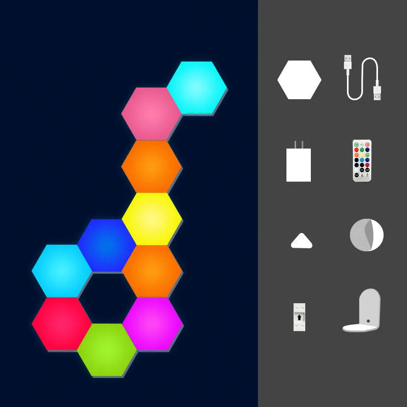 Hexagonal LED wall light with colour-changing quantum panels, remote control, and PVC construction