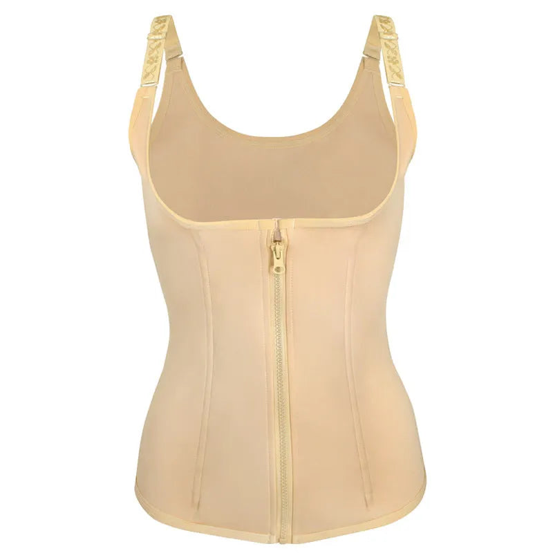 Adjustable zipper waist shaper and trimmer in black, size S, with front zip closure and stretch fabric.