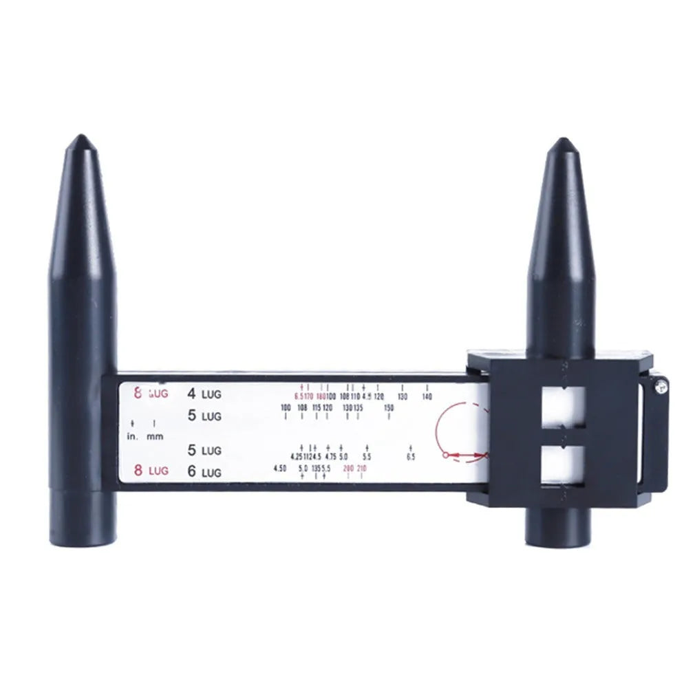 A plastic digital hole distance measuring tool with a display, shown measuring the space between two holes.