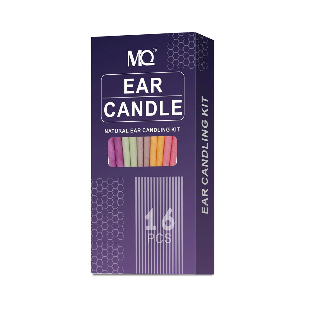 MQ Horn ear candle kit showing 16 candles, 8 protection boards, and 16 cotton swabs in assorted colours.