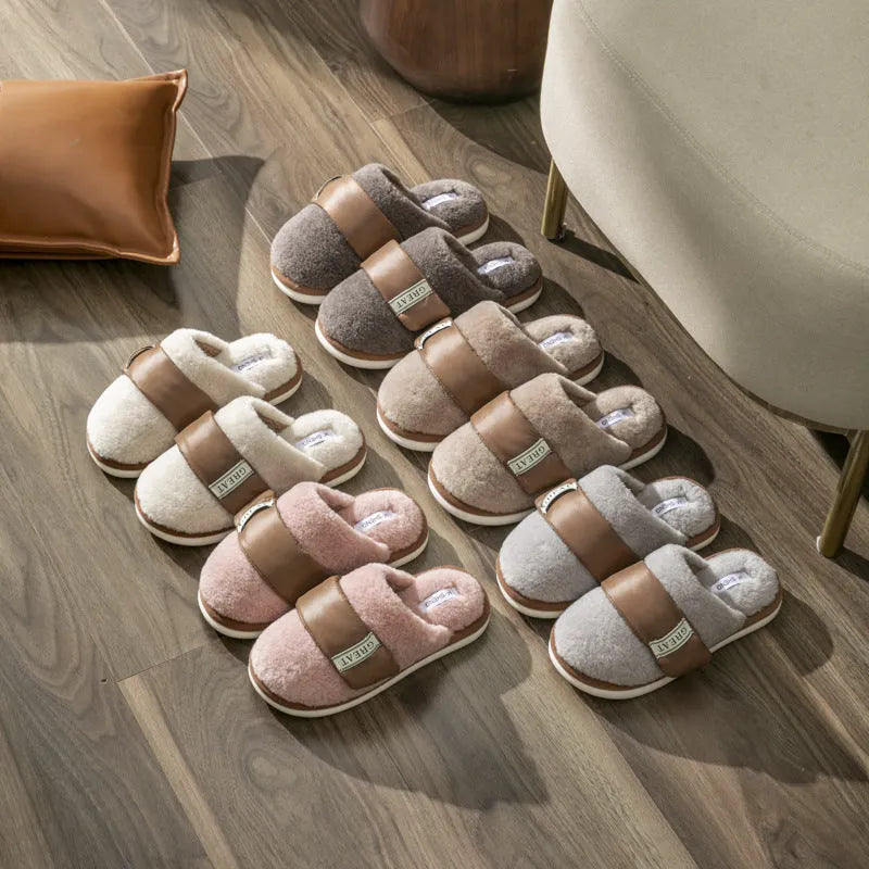 Velcro floor slippers with plush upper and plastic sole, available in five colours, sizes 36-45