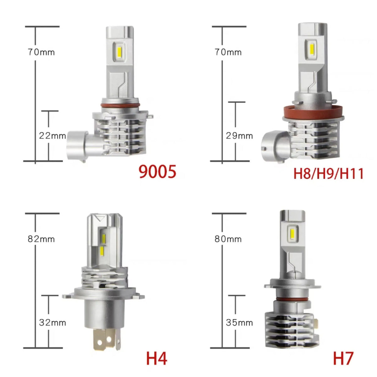 Car LED headlight bulb with far and near light switching, aluminium alloy body, white light, H7 H11 H4 9005 9006 fittings