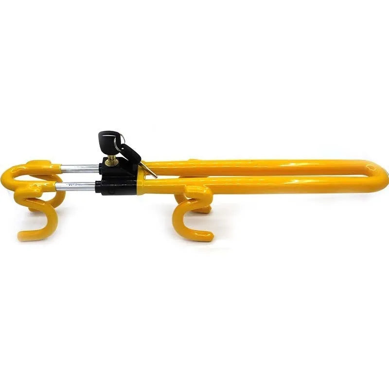 Adjustable iron steering wheel lock in red or yellow, universal fit for car security.