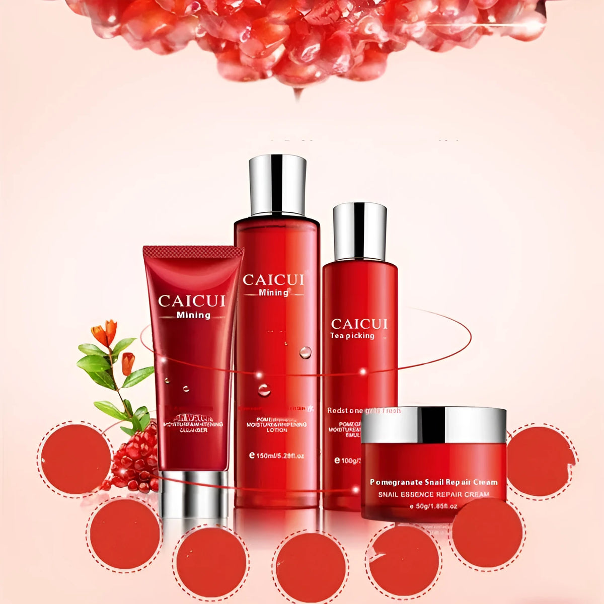 Pomegranate skincare set with four red bottles: face wash, toner, lotion and facial cream