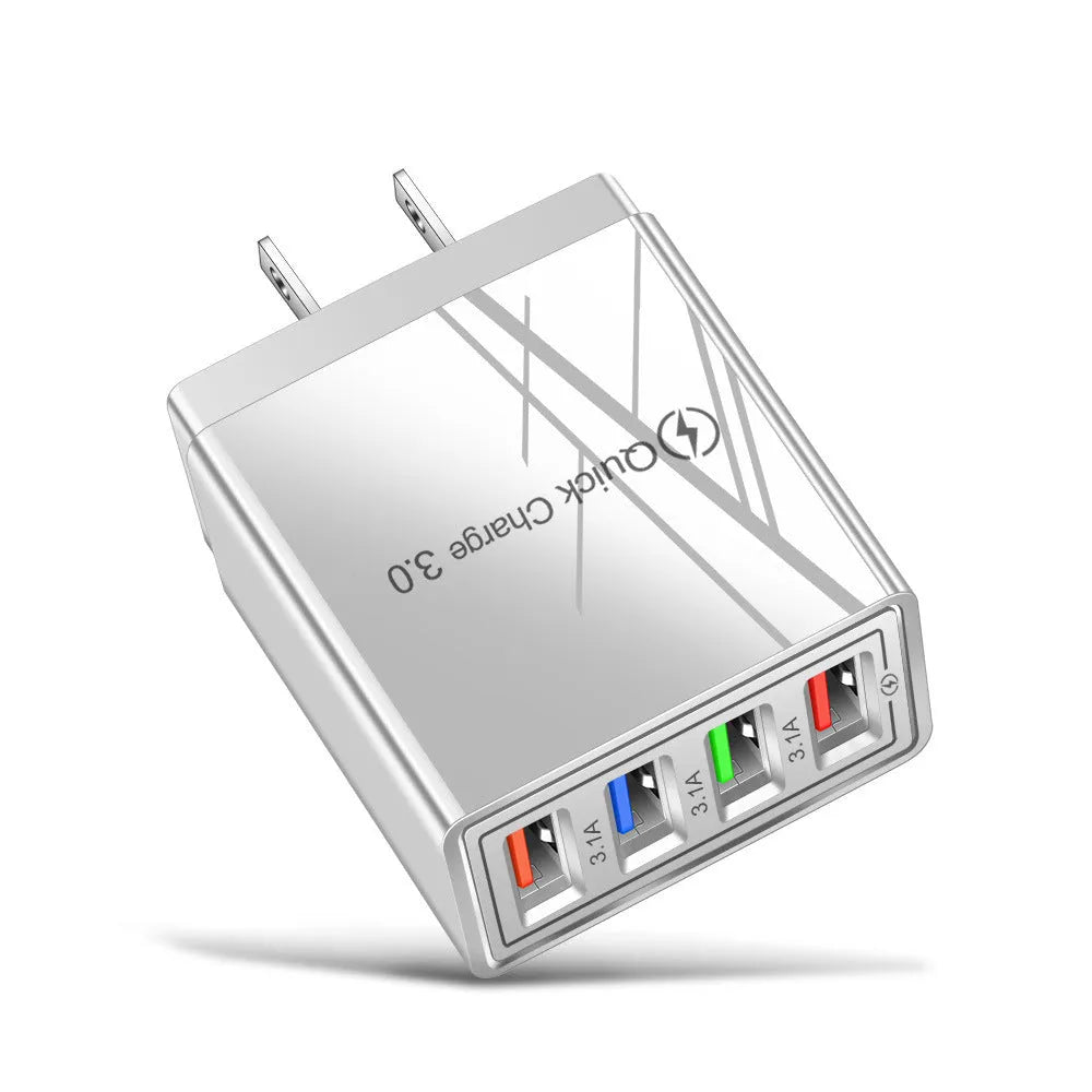 Luminous 4-port USB mobile phone charger in dark blue with EU plug, showing glowing indicator lights.