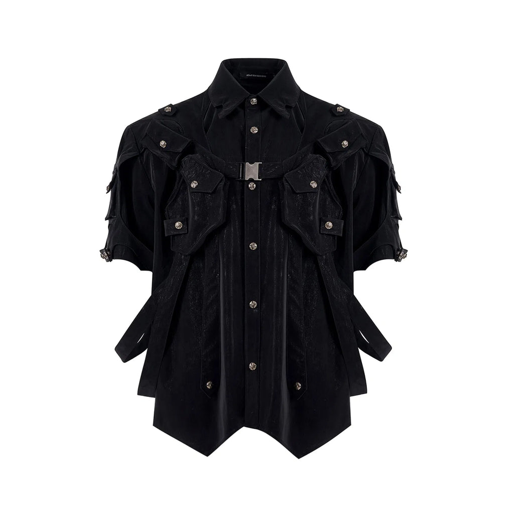 Men's black short sleeve bandage jacket with loose fit, lapel neckline, single-breasted placket, sizes S to XL.