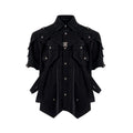 Men's black short sleeve bandage jacket with loose fit, lapel neckline, single-breasted placket, sizes S to XL.