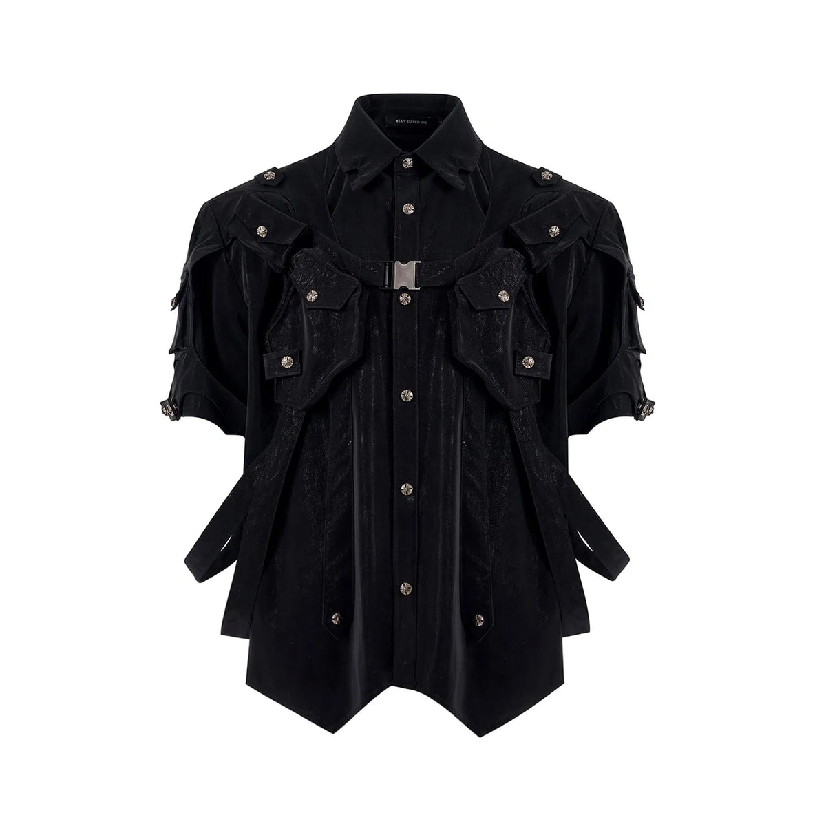 Men's black short sleeve bandage jacket with loose fit, lapel neckline, single-breasted placket, sizes S to XL.