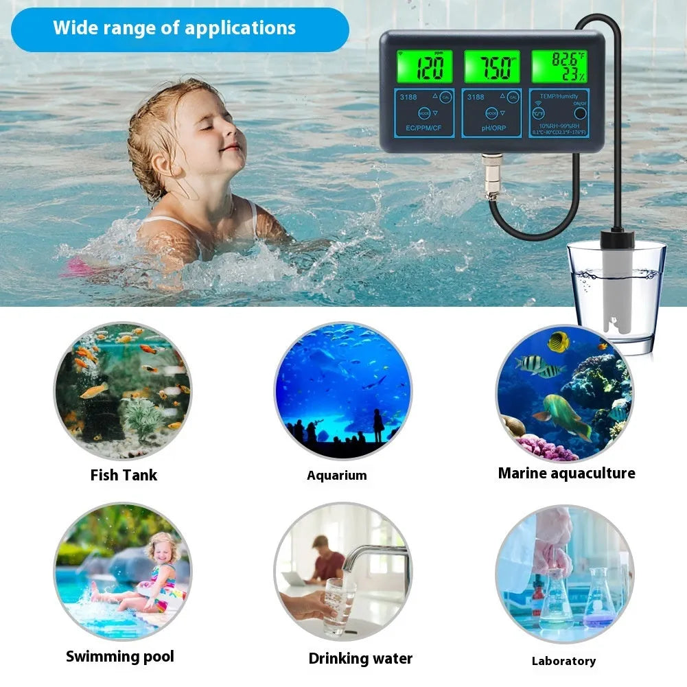 Black 7-in-1 WiFi water quality monitor with electrode, measuring EC TDS pH ORP temperature humidity
