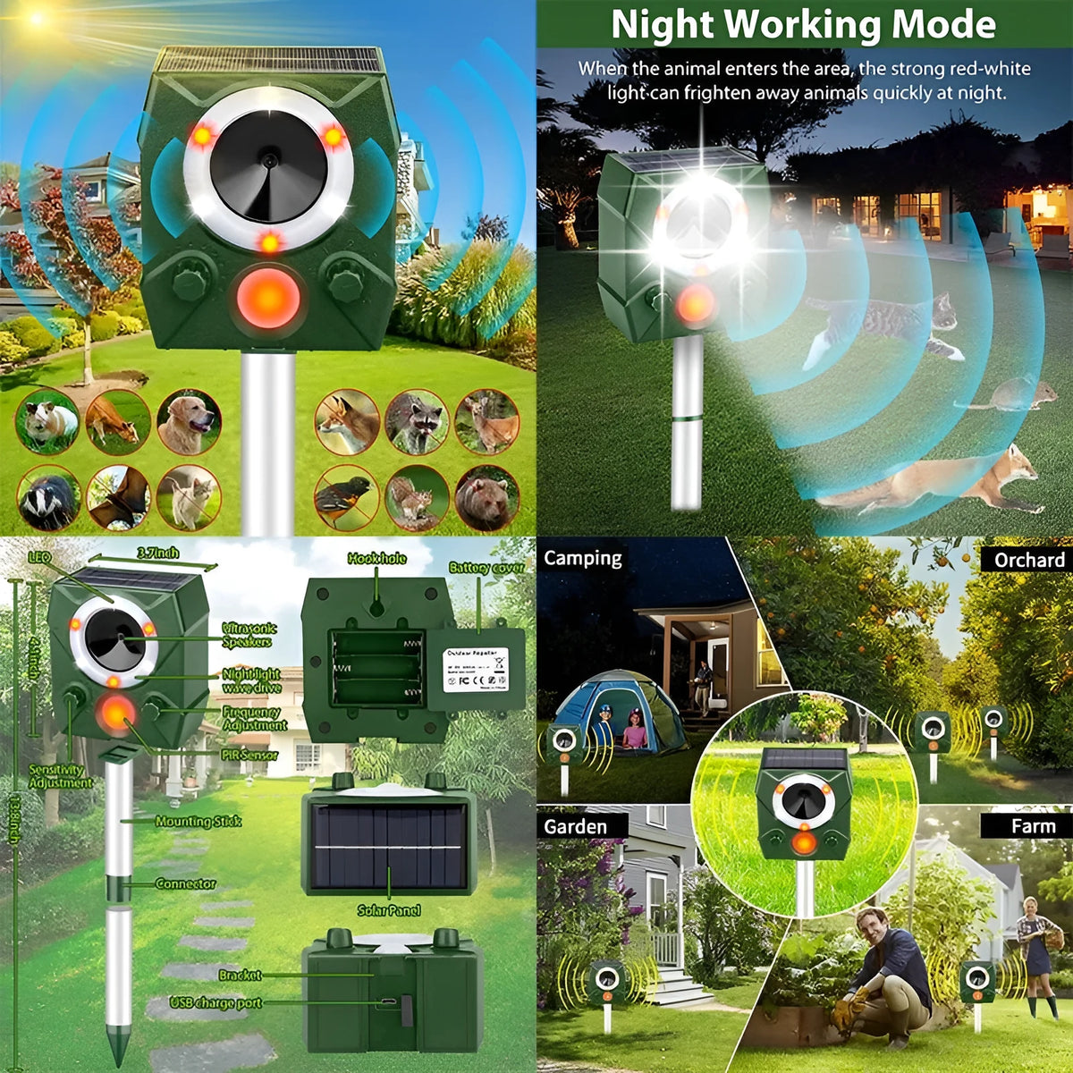 Ultrasonic solar bird repeller with ABS housing in outdoor garden setting