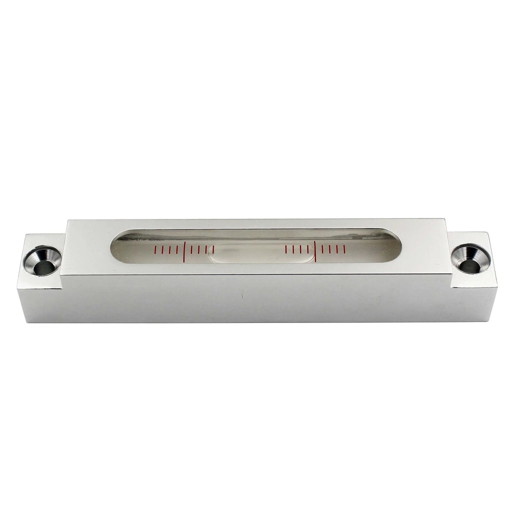 Metal and glass mini strip spirit level measuring 132mm long with accuracy markings.