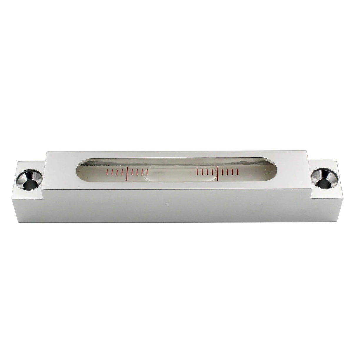 Metal and glass mini strip spirit level measuring 132mm long with accuracy markings.