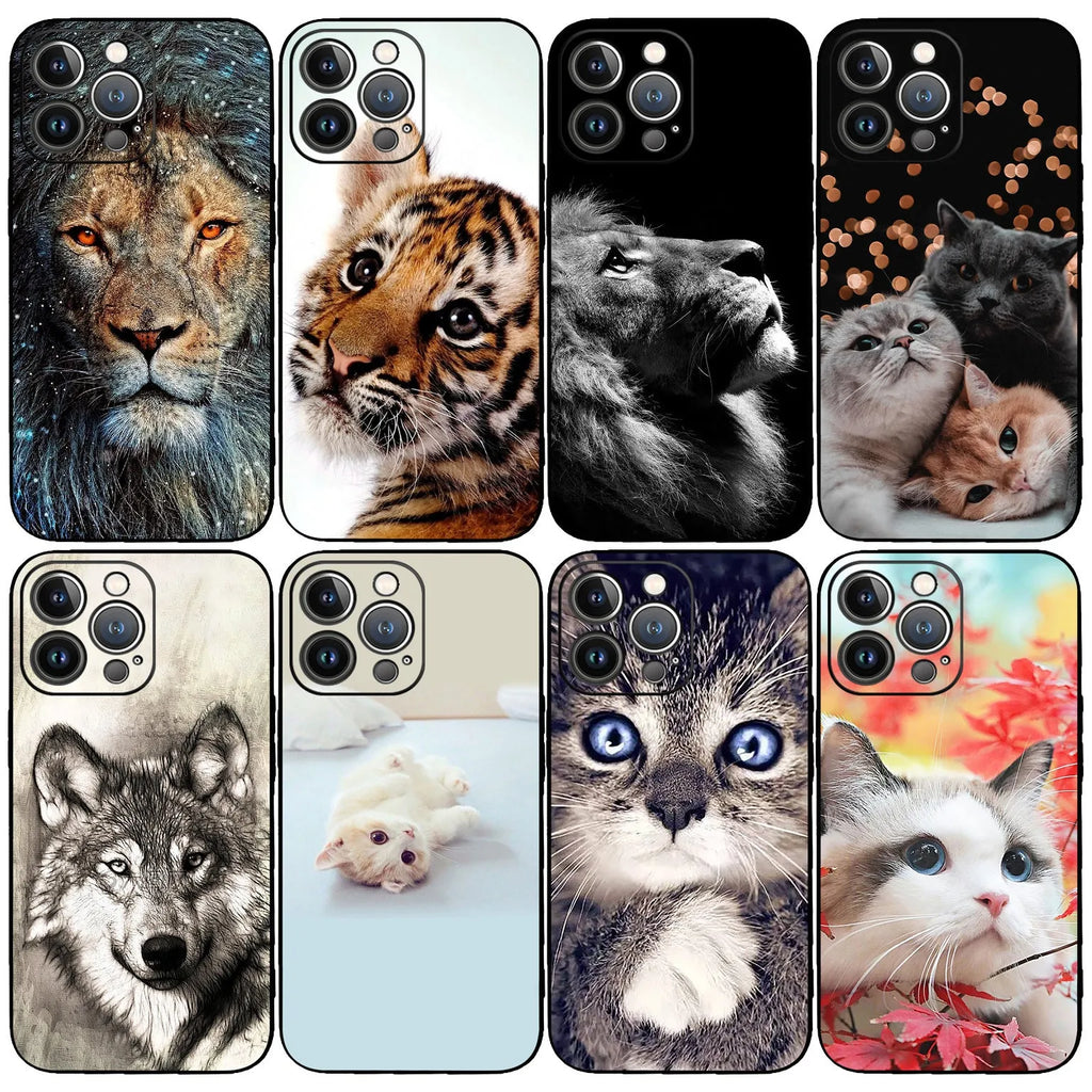 Animal glass phone case for iPhone with painted tiger, owl, or lion design and black back cover