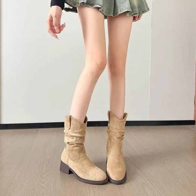 Women's suede ankle boots with 3-5cm mid block heel, round toe, slip-on design, khaki and brown, sizes 35-40.