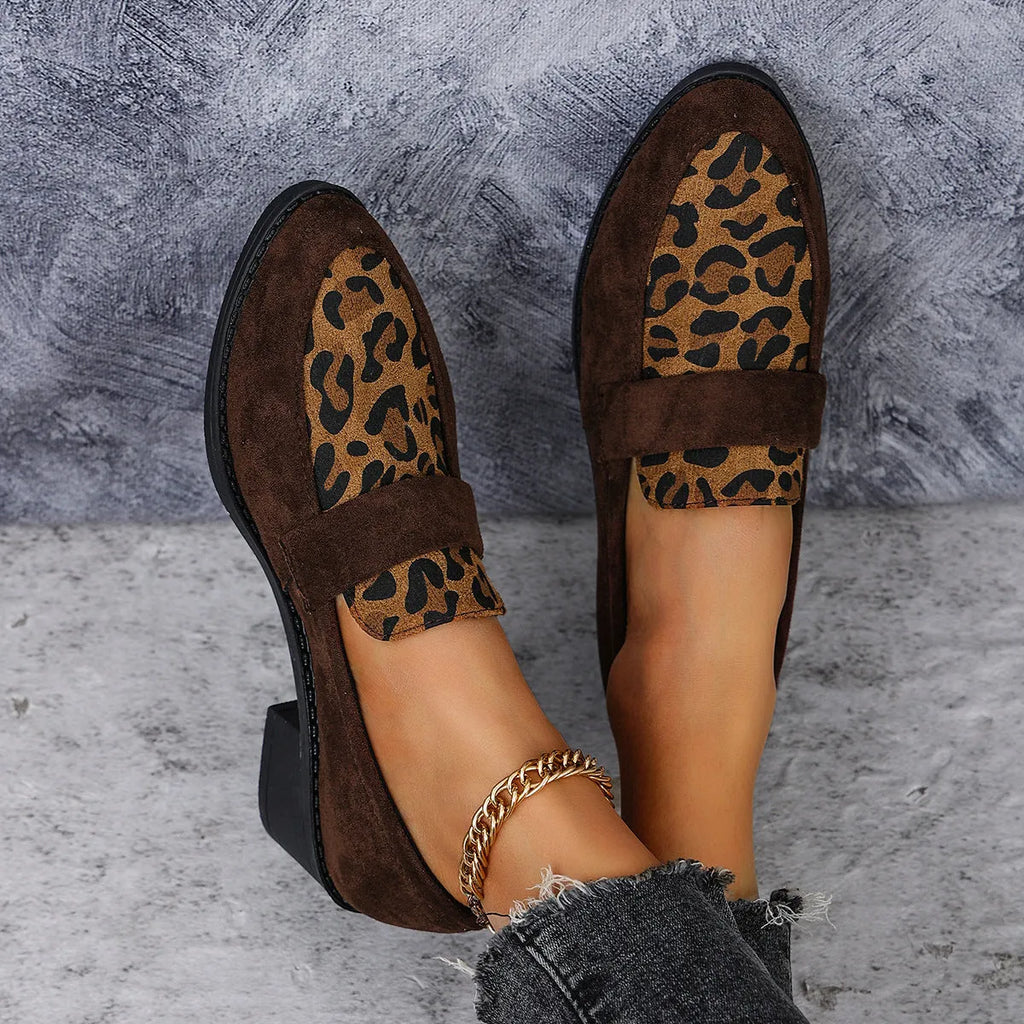 Leopard print suede slip-on shoes with chunky mid heel and pointed toe in brown, khaki, and pink