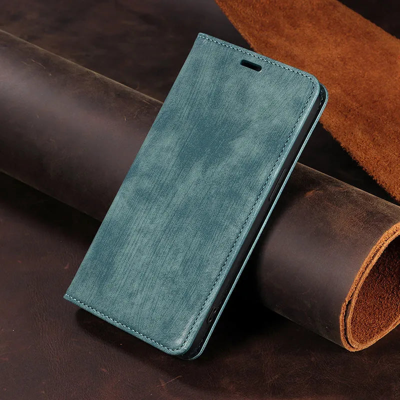 Magnetic flip leather phone case for iPhone in black, showing closed cover with magnetic clasp.