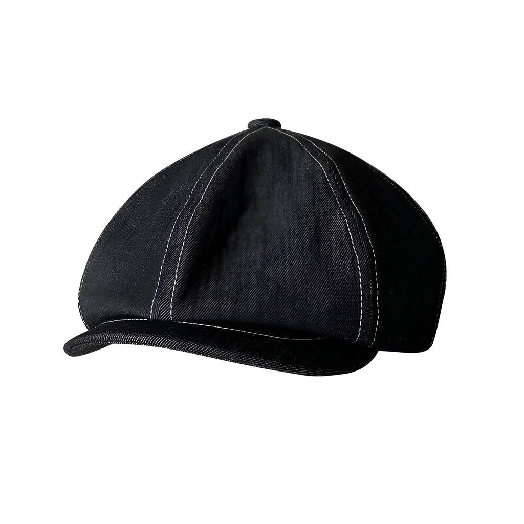 Black Japanese denim beret shown in unisex retro style with adult sizing options