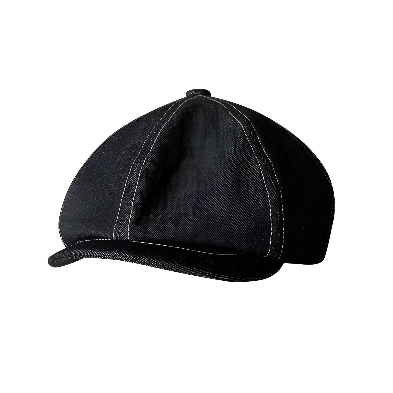 Black Japanese denim beret shown in unisex retro style with adult sizing options