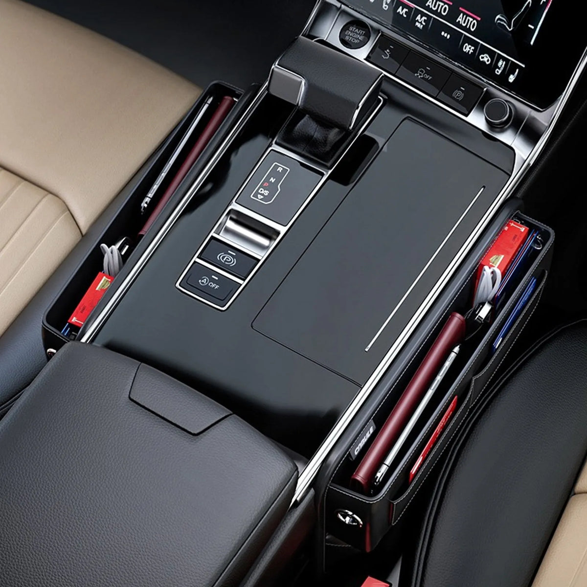 Black PU leather car seat gap storage box with sponge filling, filling seat gap, cable hole for charging, universal fit.