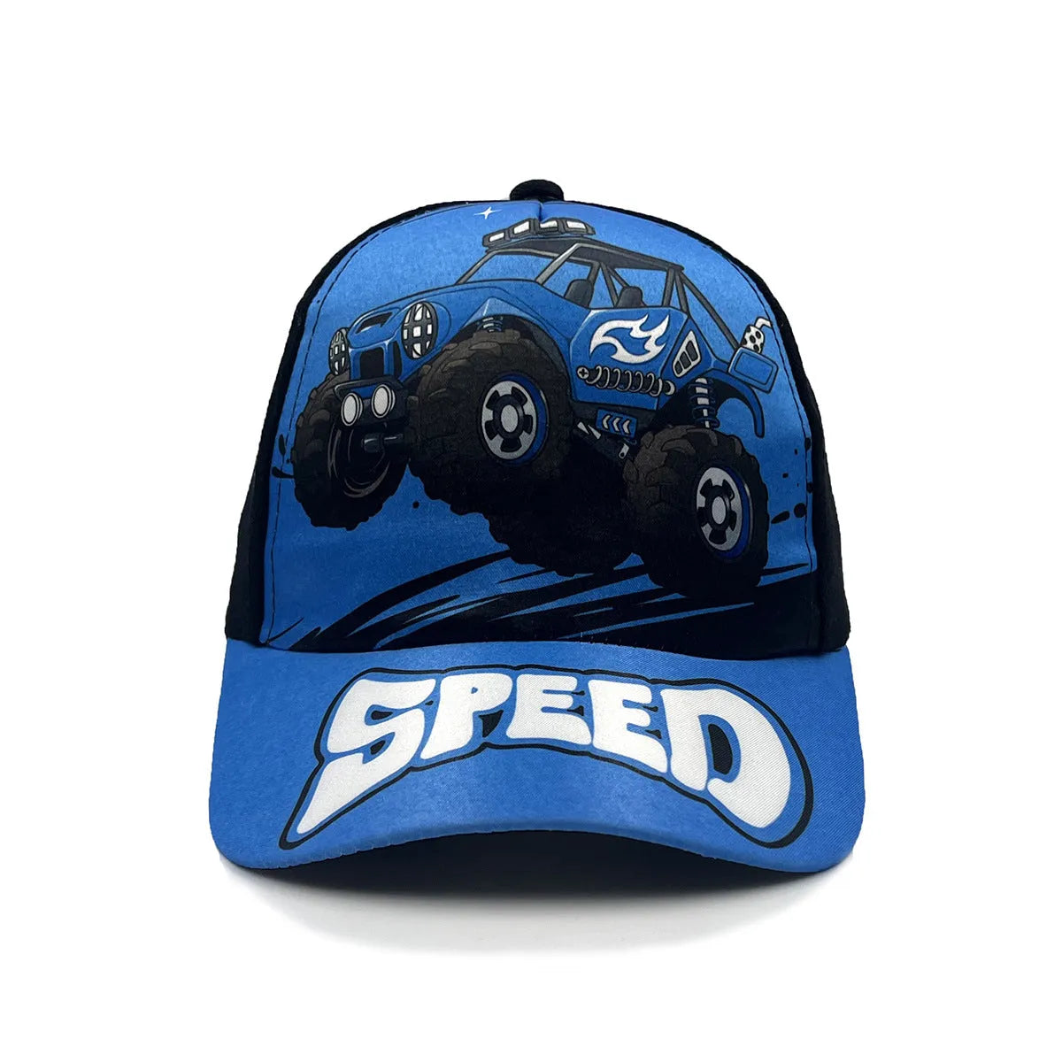Cartoon children's baseball cap with orange excavator print on a light blue background