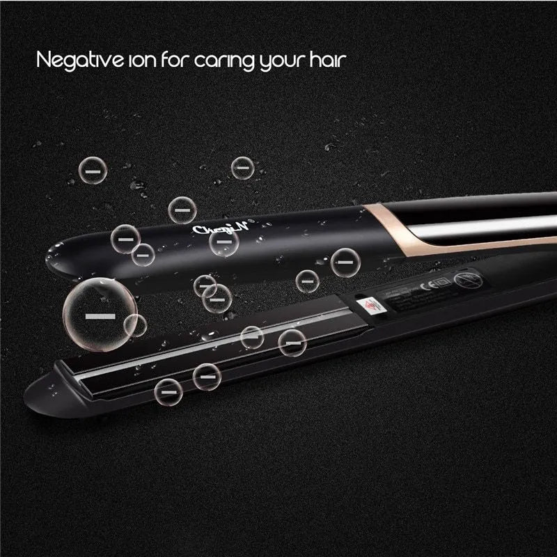 Black professional hair straightener curler flat iron with ceramic tourmaline plates and LED display