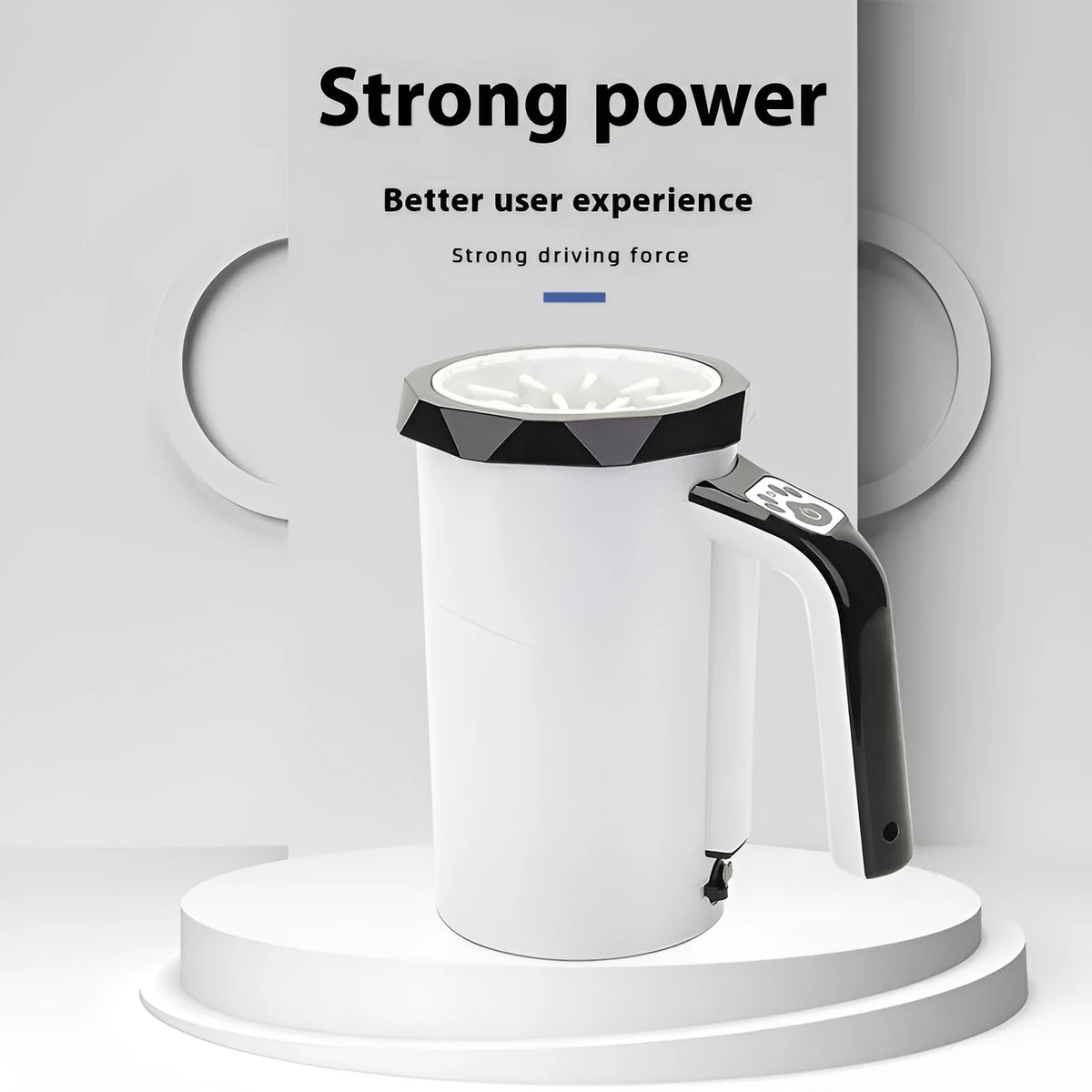 Automatic dog foot-washing cup in white and blue with USB rechargeable silicone and ABS body