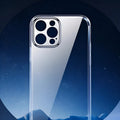 Clear acrylic couple phone cases with black silicone bumpers for iPhone, shown as a pair.