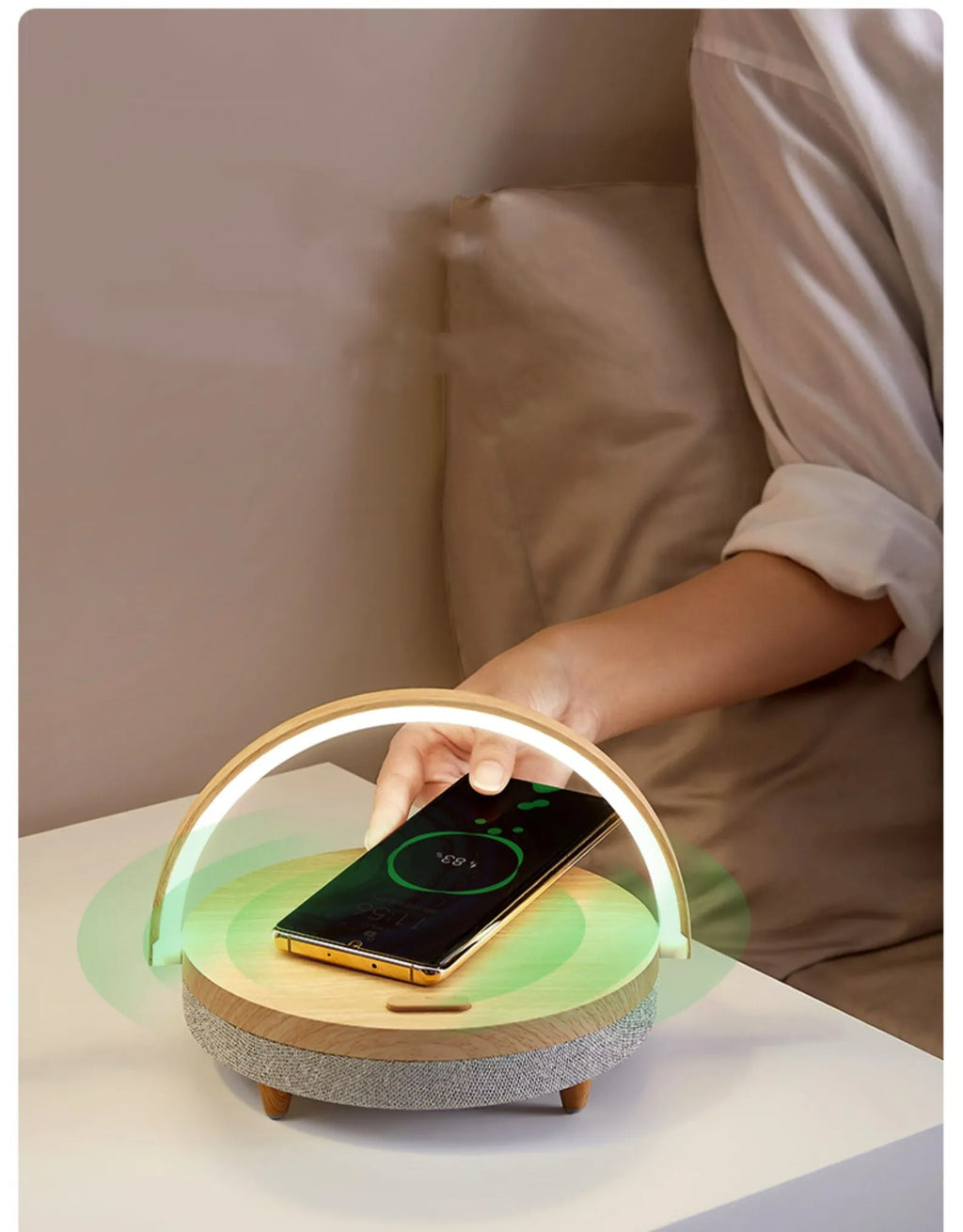 Multi-function wireless charging night light with Bluetooth speaker, touch switch, 191x203x55mm, Marbling or Wood Grain finish