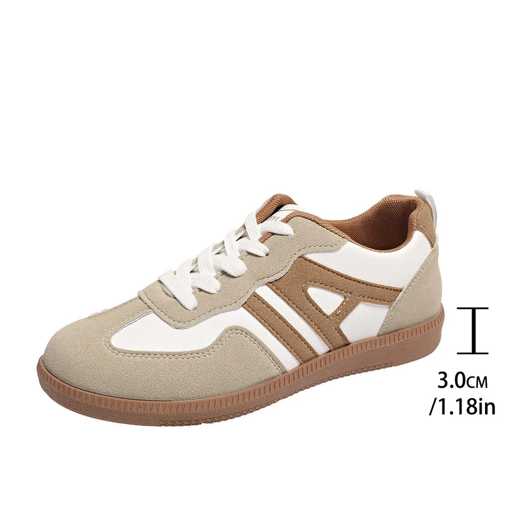 Women's retro colour matching lace-up jogging shoes with platform heel in black, grey, and khaki.