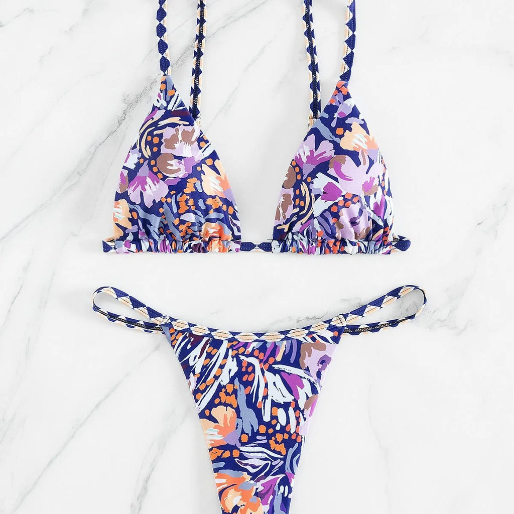 Women's floral print triangle top bikini with briefs bottom on a mannequin