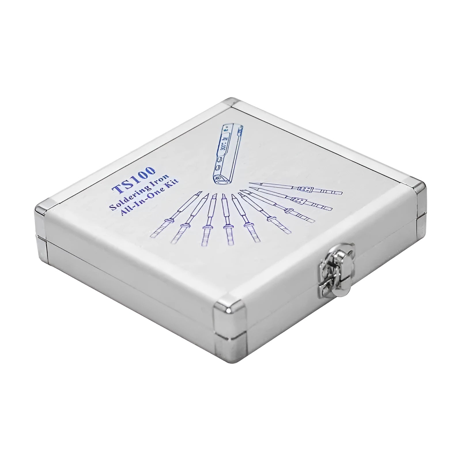 Silver aluminium storage box for soldering iron with dimensions 154mm by 147mm by 36mm
