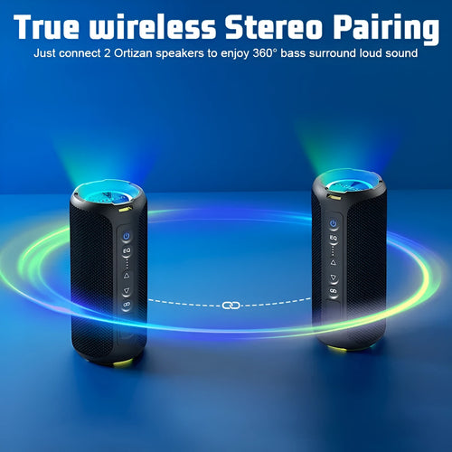Black and blue fabric wireless Bluetooth speaker with multi-colour lighting and waterproof outdoor design