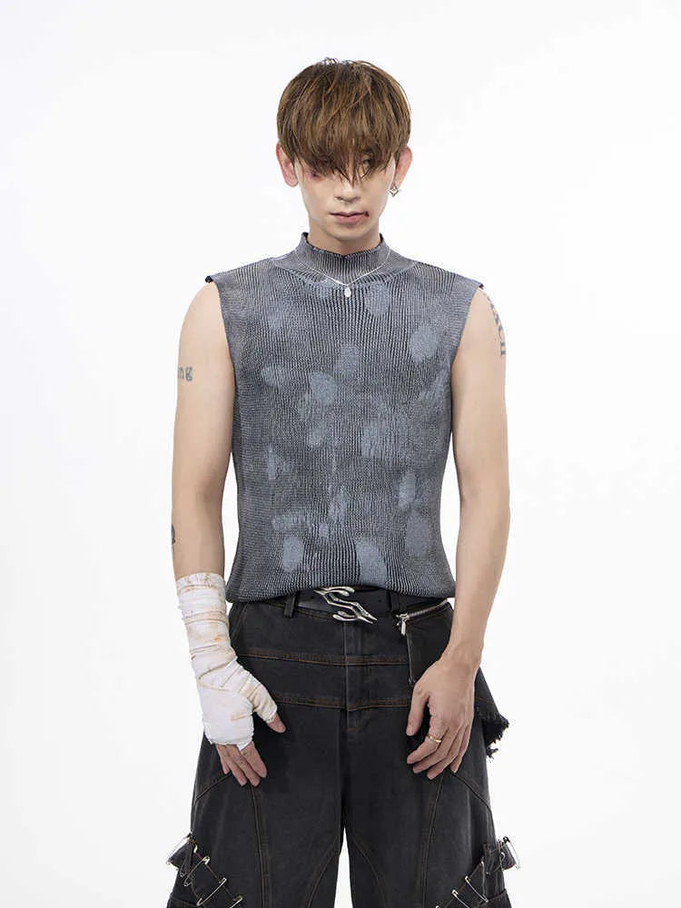 Men's black silver pastebrushing stretch turtleneck sleeveless vest with stand collar