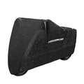 Black polyester electric vehicle cover with anti-theft and heat insulation features protecting a motorcycle body from rain and dust