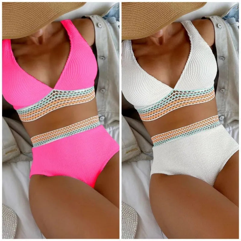 High waist solid colour bikini swimsuit in nylon, shown in pink or white.