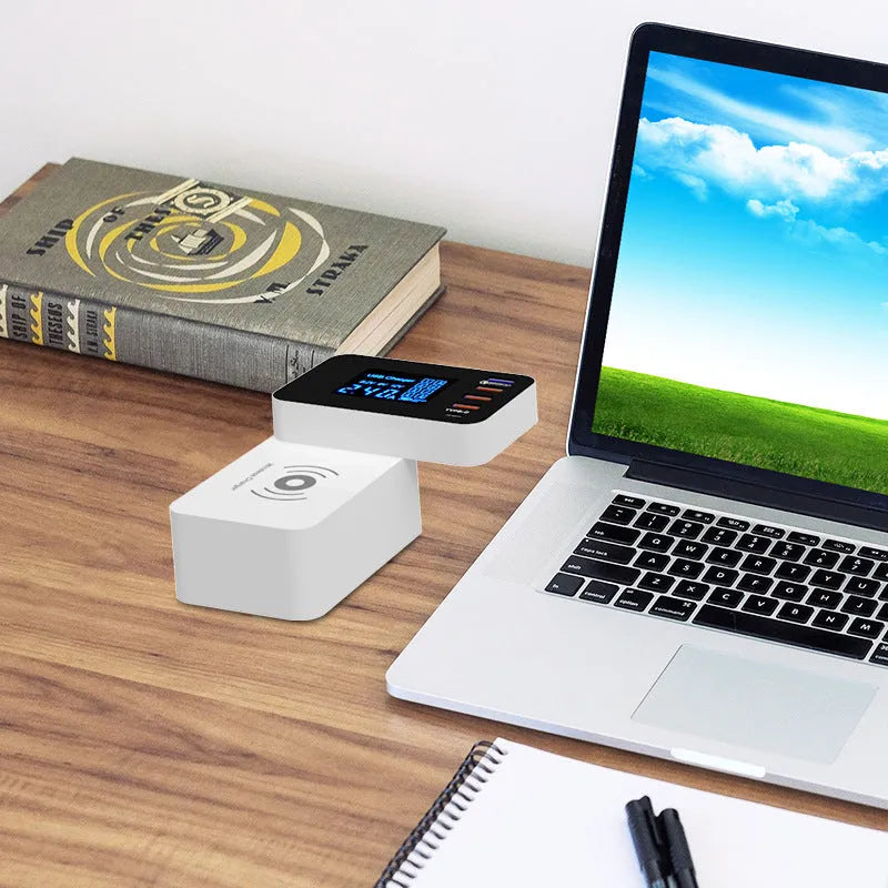 White multi-port USB fast charger with wireless charging surface and 1.5 metre cable