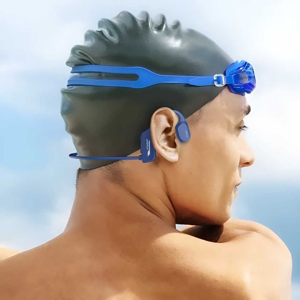 Bone conduction swimming Bluetooth headset with black ear-mounted design and 8GB onboard memory for waterproof audio