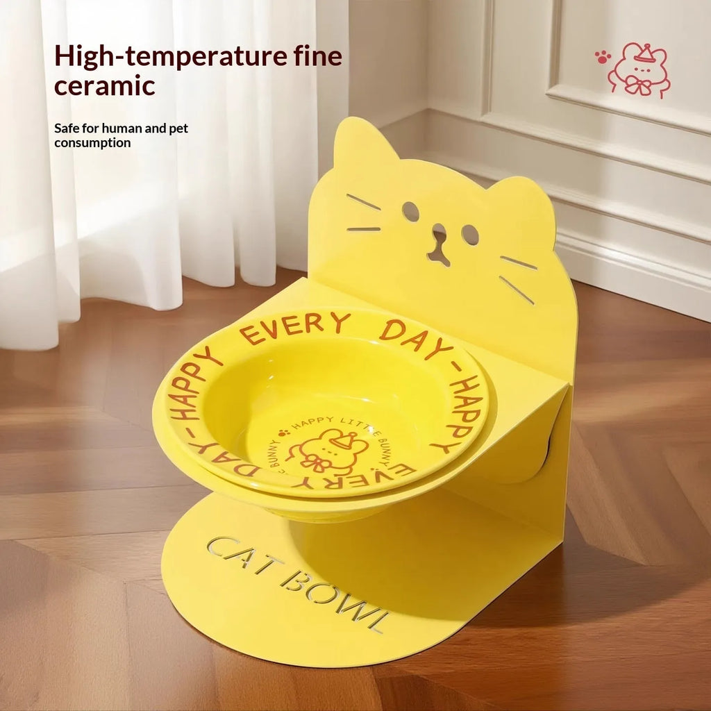 Ceramic cat food bowl with high-legged magnetic stand in beige, pink or yellow for raised cat feeding