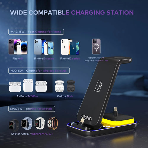 Black vertical wireless charger showing phone in stand with watch and earbuds charging areas