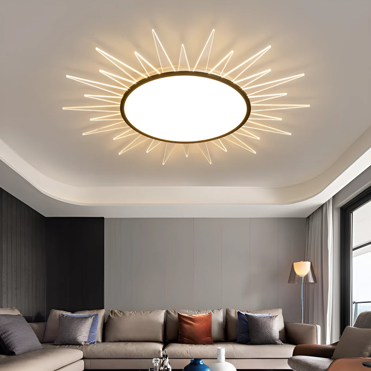 Modern round aluminium LED ceiling lamp showing size options and remote control dimming feature
