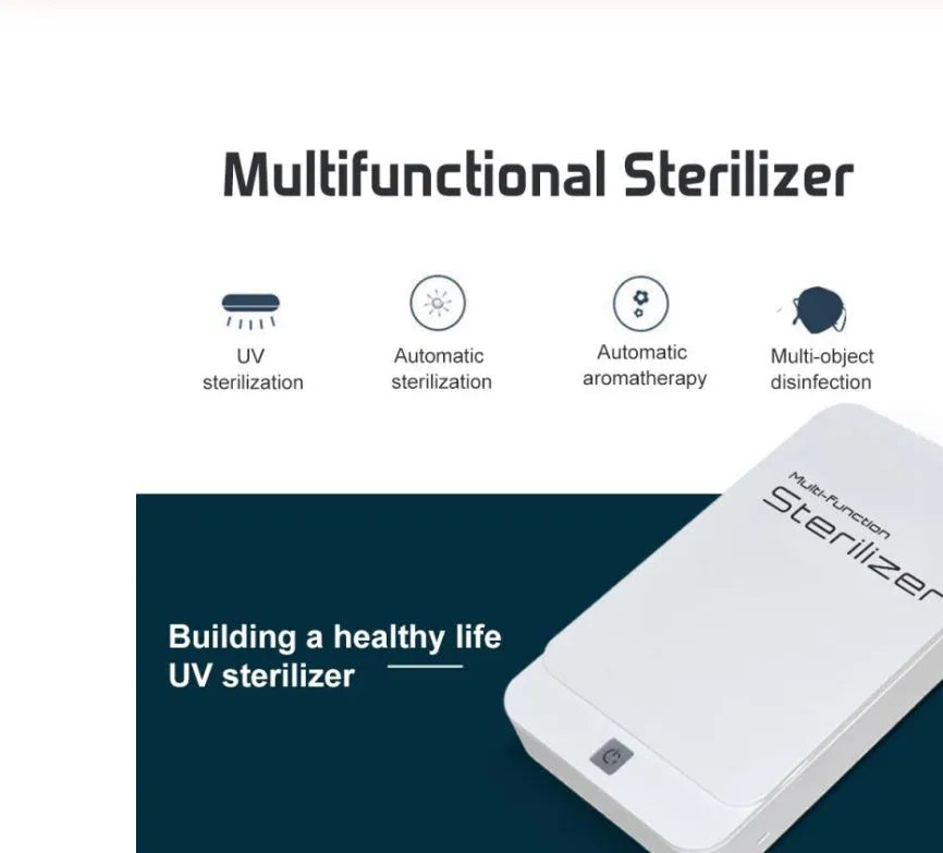 Compact blue UV phone steriliser unit with lid open, showing interior chamber for mobile phone disinfection.