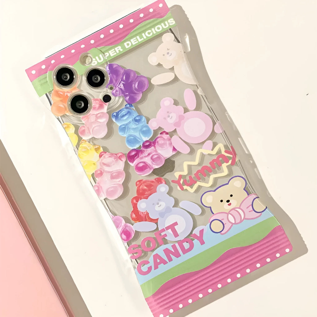 Cartoon cute gummy bear phone case in colourful candy finish, TPU anti-fall cover for iPhone.