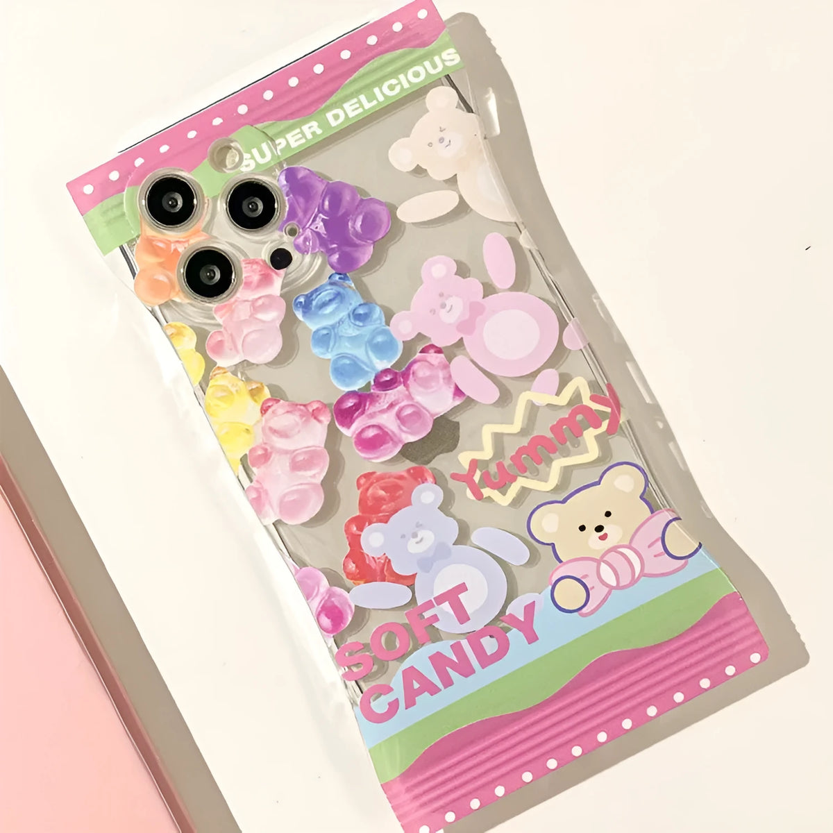 Cartoon cute gummy bear phone case in colourful candy finish, TPU anti-fall cover for iPhone.