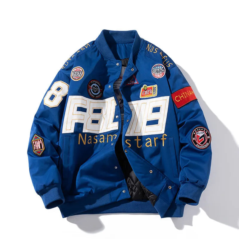 American motorcycle couple baseball jacket with cotton padding and side pockets in black colour