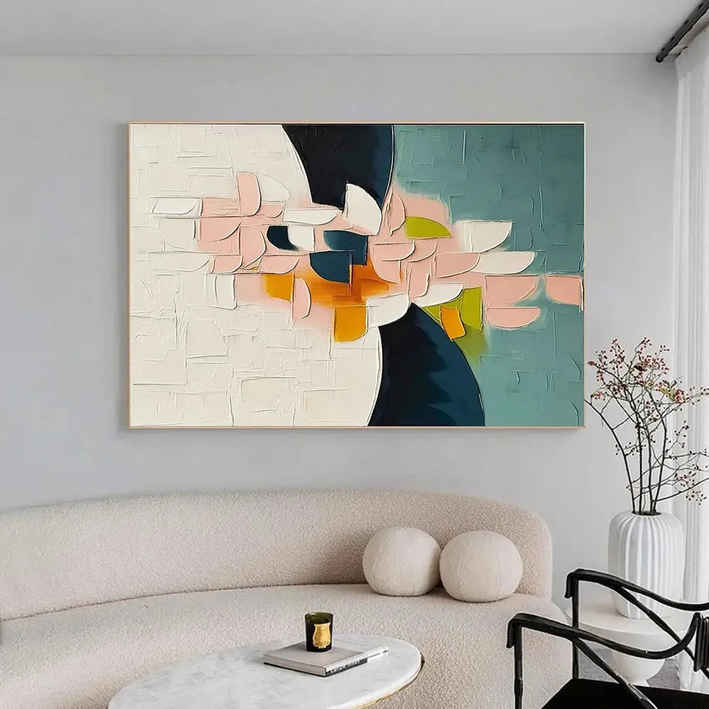 Handmade oil painting canvas wall art with thick palette knife floral texture in horizontal format