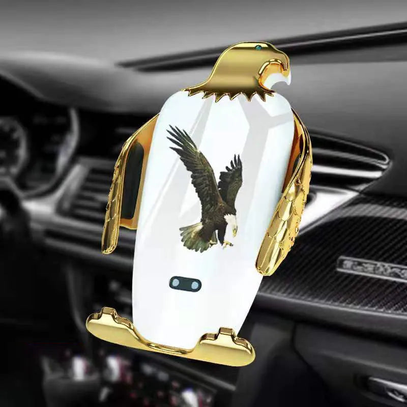 Wireless charging car phone holder with suction cup and Eagle style grip in black and gold.