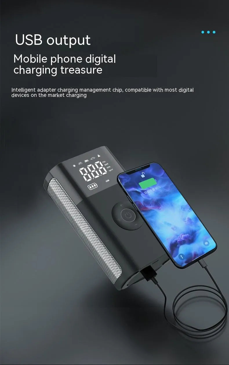 Wireless handheld digital tyre pump with LCD display, black ABS casing, and set of inflation nozzles.