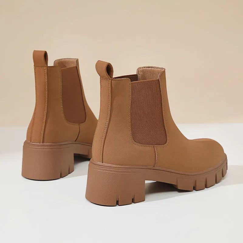 Women's thick bottom suede Dr Martens boots in brown with mid heel and side zip